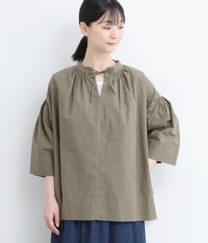 コットンひも付きフレアブラウス(グレー-ONESIZE)