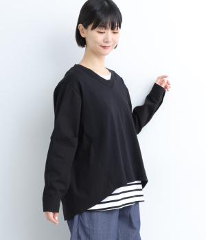 ベビーオンスコットン布帛切替Ｖネックプルオーバー(ブラック-F)