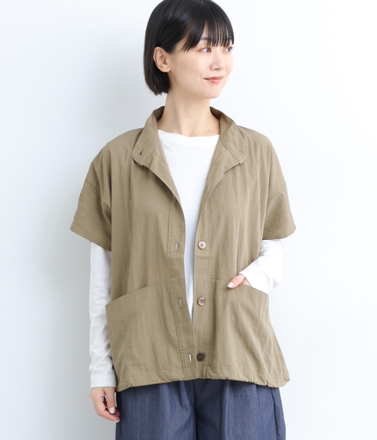 レーヨンナイロンツイルショールネック前開きベスト(グレイベージュ-F)