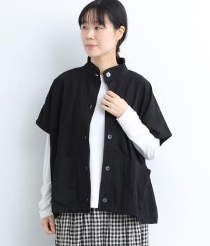 レーヨンナイロンツイルショールネック前開きベスト(ブラック-F)