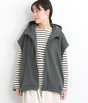 ベロア裏毛フード風ジップベスト(ダークグリーン-F)
