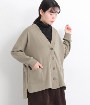 ベロア裏毛リブ襟Ｖネックカーディガン(グレイベージュ-F)