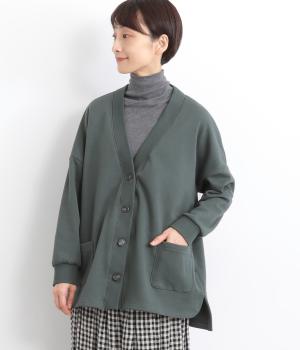 ベロア裏毛リブ襟Ｖネックカーディガン(ダークグリーン-F)