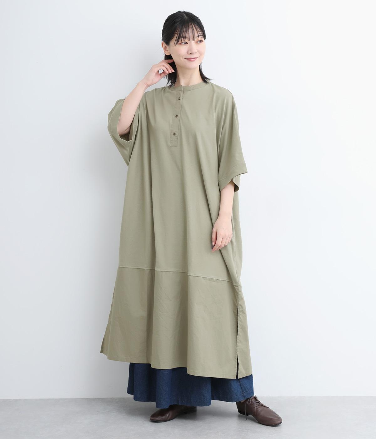 コットン天竺布帛切替ハイネックワンピース(グレー-ONESIZE)