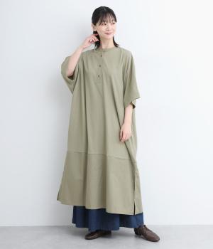 コットン天竺布帛切替ハイネックワンピース(グレー-ONESIZE)