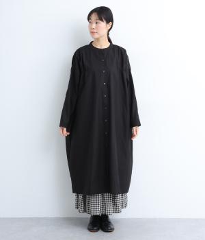 40コットンバイオギャザー前開きワンピース(ブラック-F)