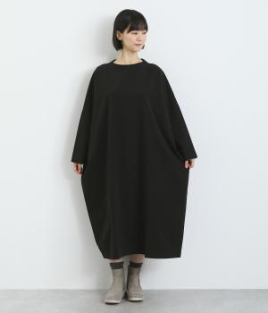 コットンレーヨン起毛ツイルバイオシャーリングネックボックスワンピース(ブラック-F)