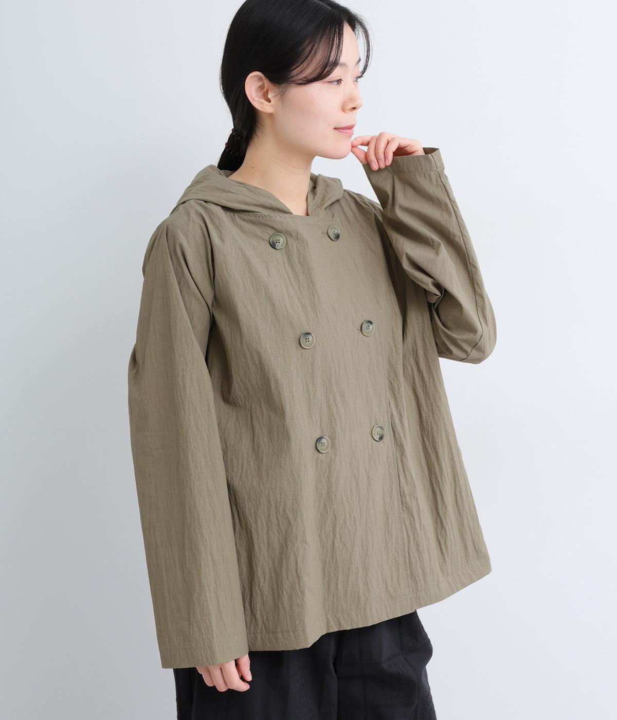 コットンナイロン　Wボタンフード付きジャケット(グレージュ-F)