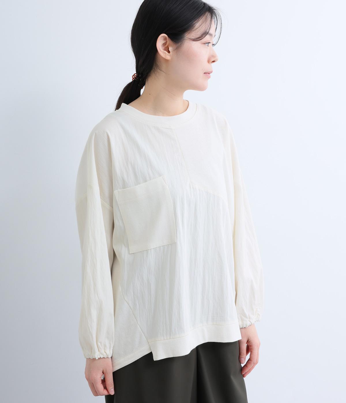 異素材切替　胸ポケットドロストプルオーバー(オフホワイト-F)