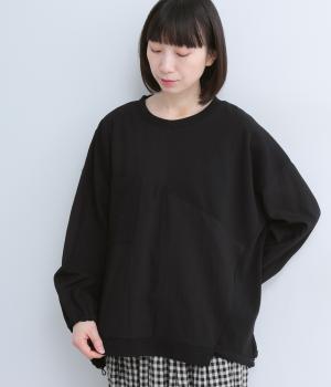 異素材切替　胸ポケットドロストプルオーバー(ブラック-F)