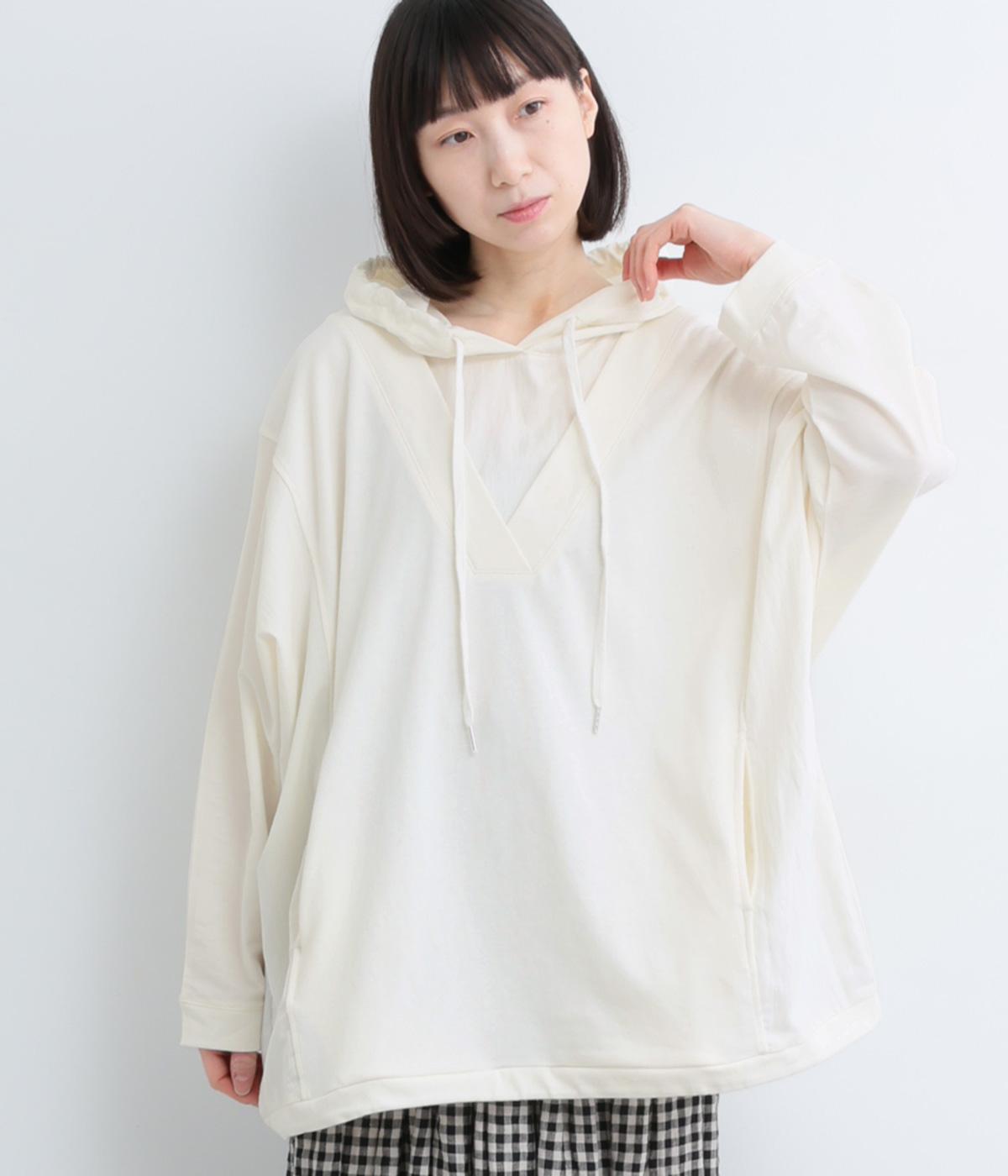 異素材切替　フード付きプルオーバー(オフホワイト-F)