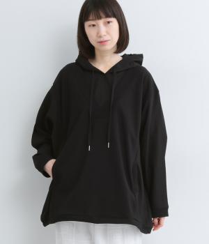 異素材切替　フード付きプルオーバー(ブラック-F)