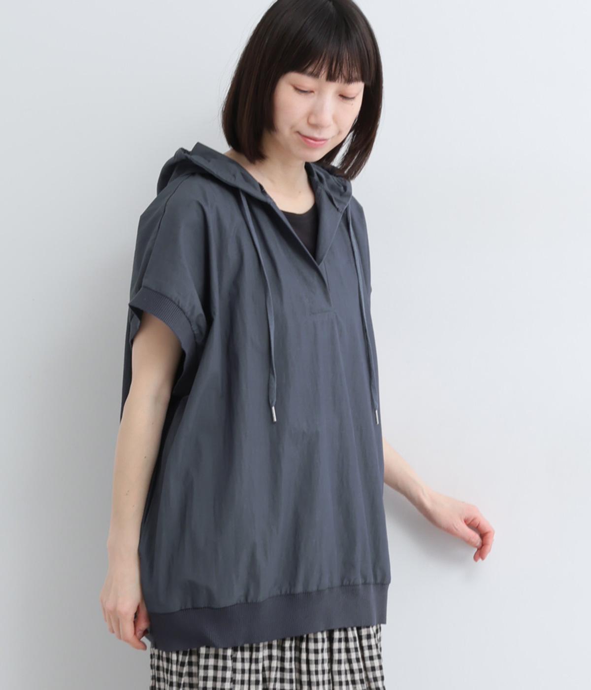 コットンナイロン　キーネックフード付きプルオーバー(ネイビー-F)