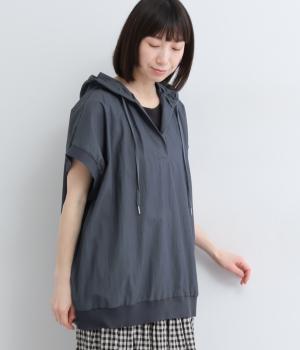 コットンナイロン　キーネックフード付きプルオーバー(ネイビー-F)