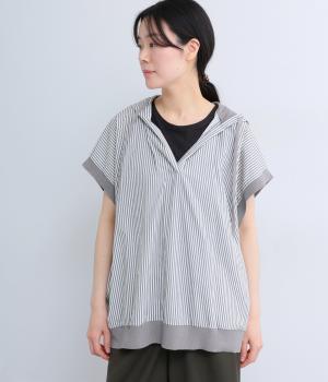 コットンナイロン　キーネックフード付きプルオーバー(グレー×ホワイト-F)