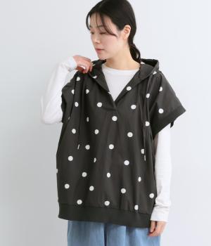 コットンナイロン　キーネックフード付きプルオーバー(ブラック×オフホワイト-F)