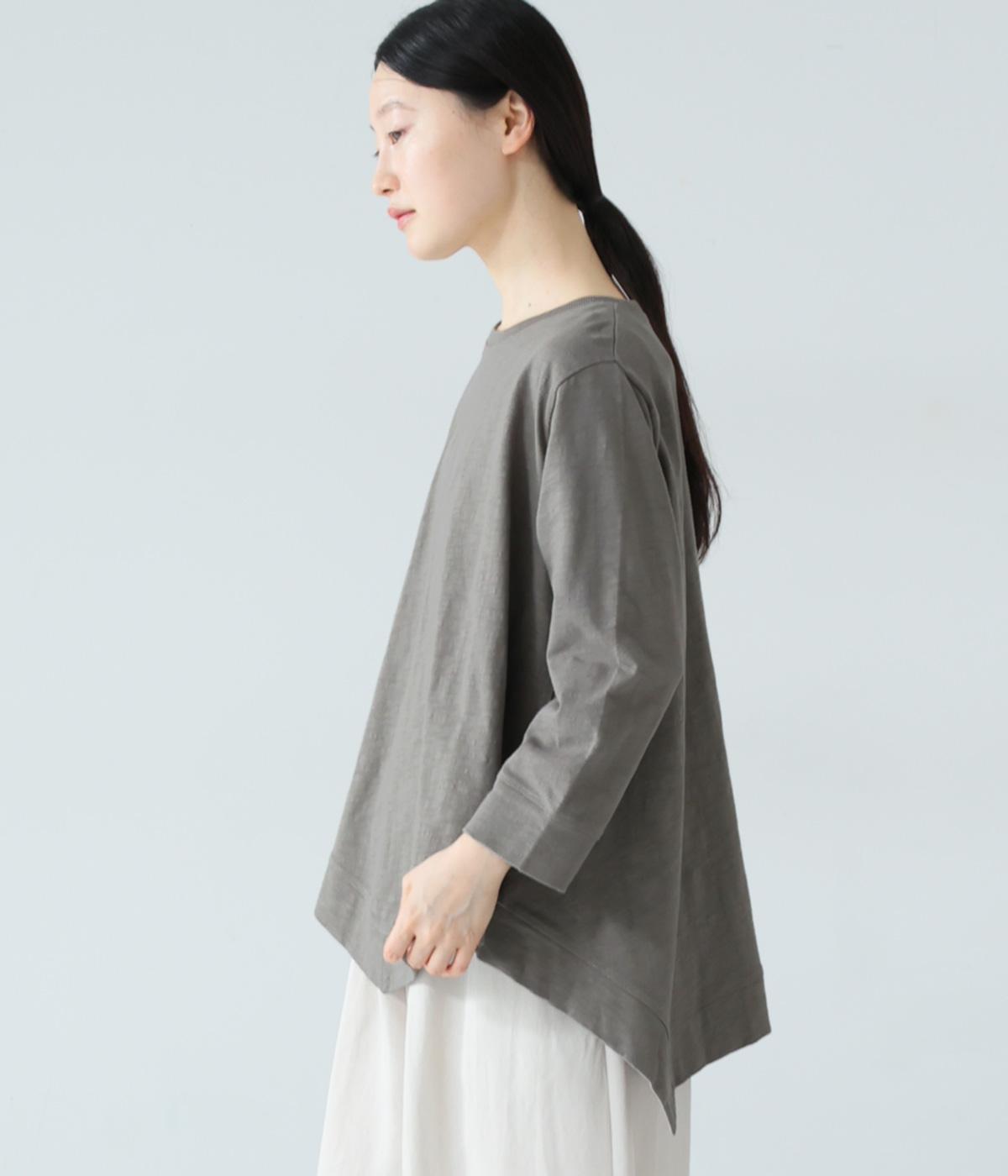 コットンスラブ度詰め天竺変形ヘムプルオーバー(グレーベージュ-F)