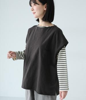 コットンスラブ度詰め天竺裾絞りノースリーブプルオーバー(ダークチャコール-F)