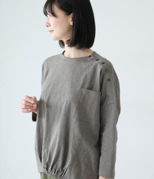 コットンスラブ度詰め天竺肩釦ボックスプルオーバー(グレーベージュ-F)