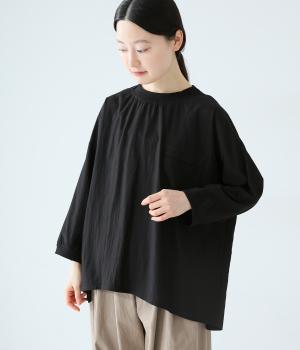 レーヨンナイロン襟袖口リブ背面タックプルオーバー(ブラック-F)