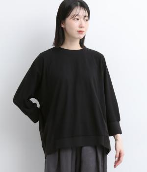 コットンスラブ天竺　布帛切替袖リブプルオーバー(ブラック-F)
