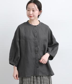 リネンスタンドネックラウンド切替ブラウス(ダークチャコール-F)