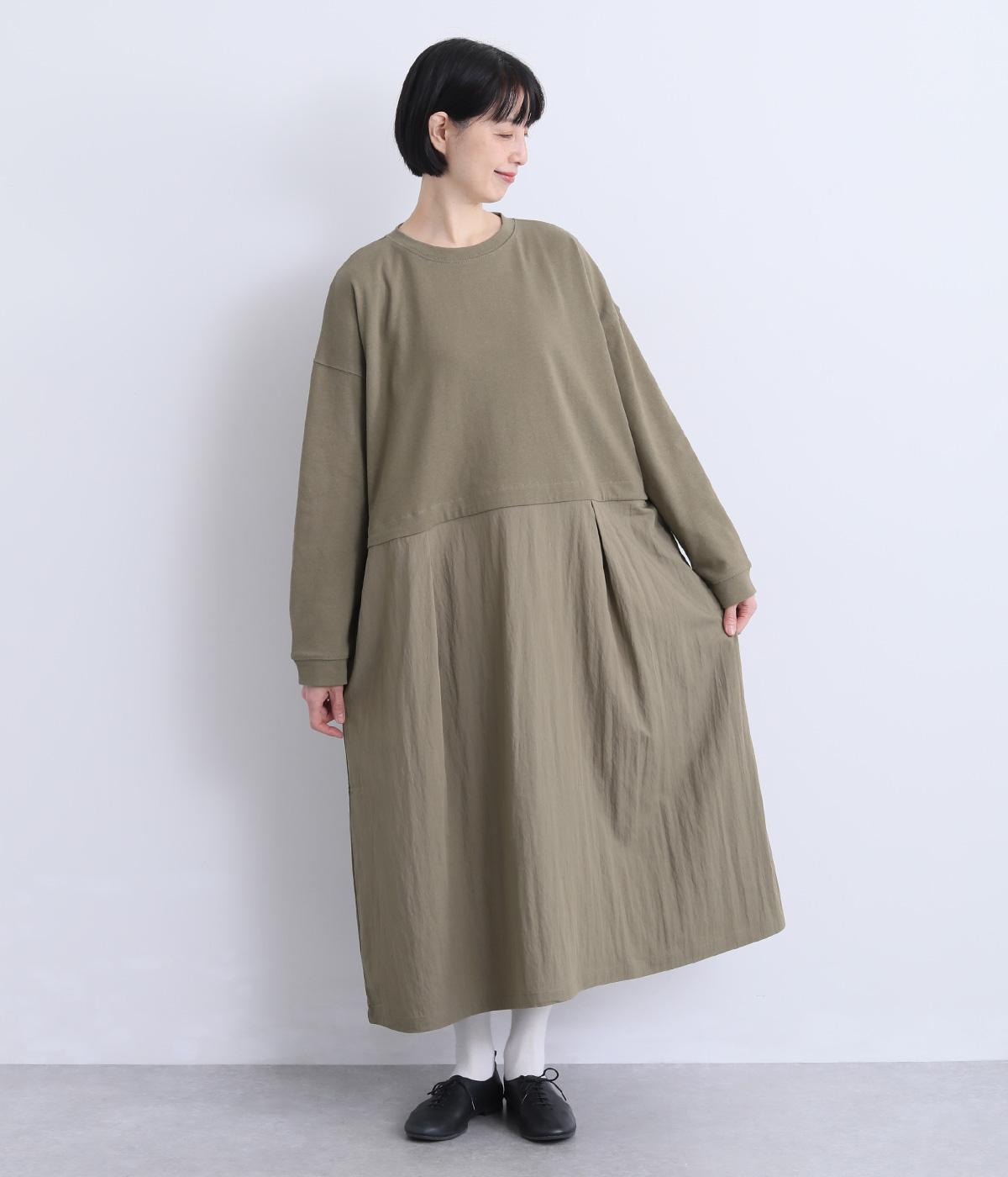 異素材切替　ウエスト切替ワンピース(グレージュ-F)