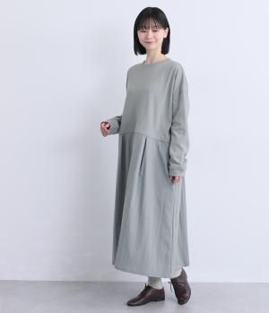 異素材切替　ウエスト切替ワンピース(ブルーグレー-F)