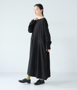 異素材切替　ウエスト切替ワンピース(ブラック-F)