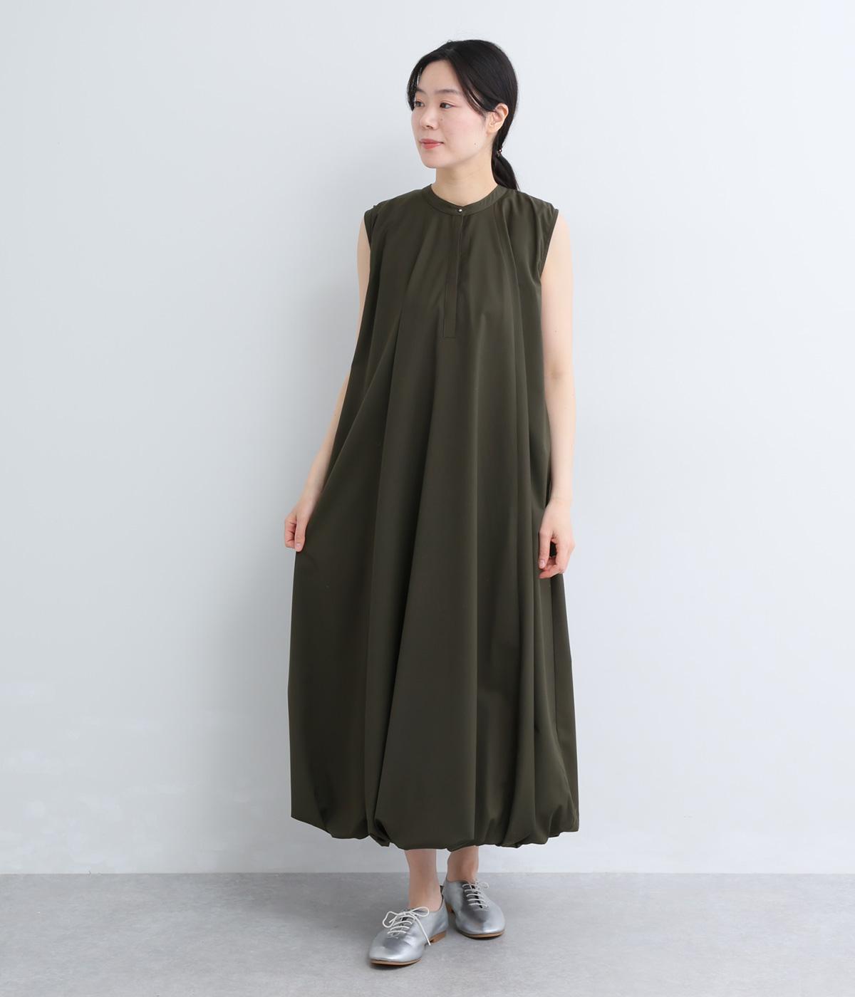 レーヨン混　ノースリーブタックバルーンワンピース(グリーン-F)