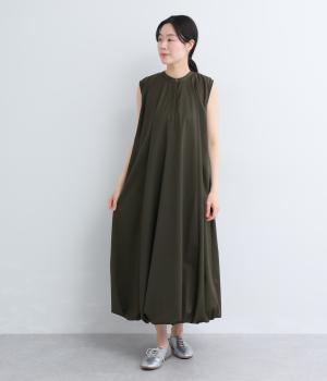 レーヨン混　ノースリーブタックバルーンワンピース(グリーン-F)