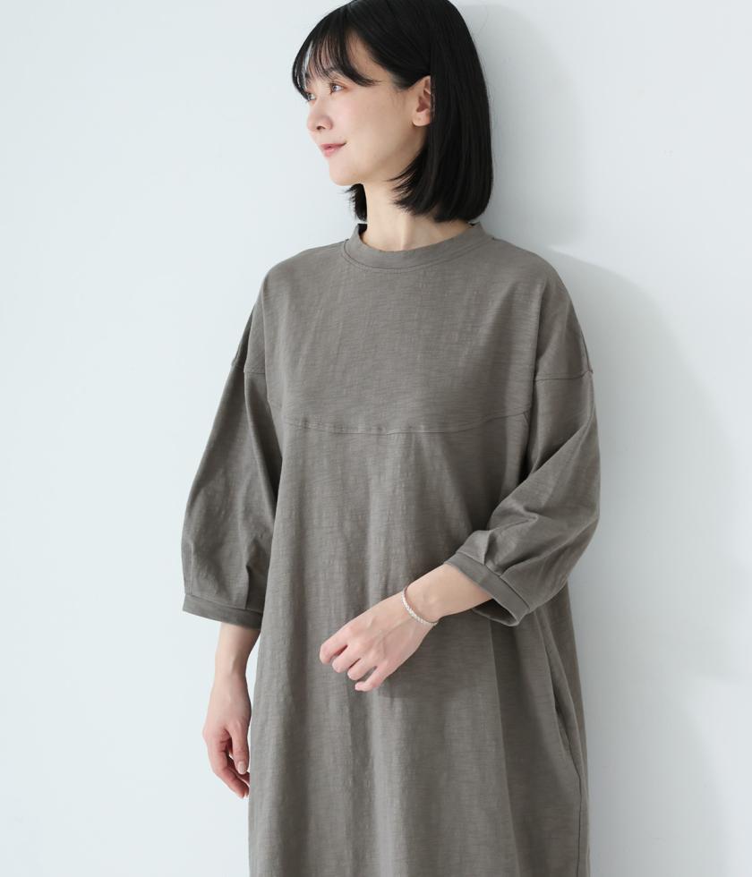 コットンスラブ度詰め天竺ラウンド切替ワンピース