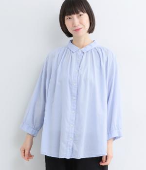 ボイル日本製品染め　ギャザーブラウス(ライトブルー-L)