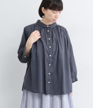 ボイル日本製品染め　ギャザーブラウス(グレーネイビー-L)