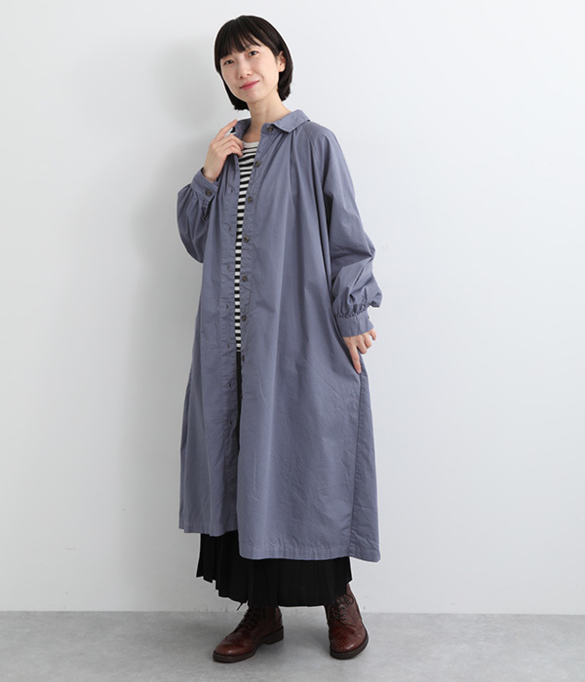 コットンツイル日本製品染前開きシャツワンピース(クラウドブルー-ONESIZE)