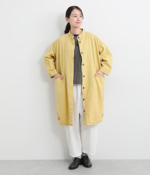 コットンリップストップ日本製品染めロングコート(イエローベージュ-ONESIZE)