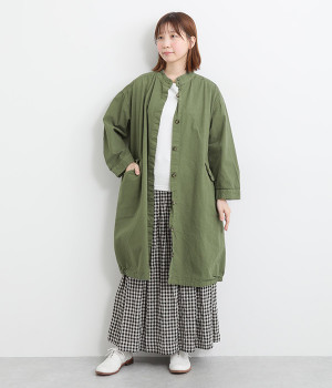 コットンリップストップ日本製品染めロングコート(カーキ-ONESIZE)