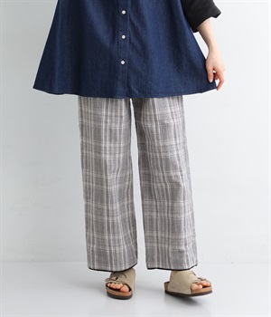 【tukuroi by SUN VALLEY】コットンリネン　ワイドパンツ(グレンチェックキナリ×クロ-ONESIZE)