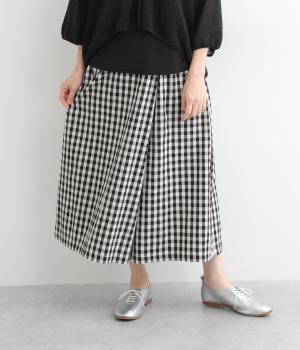 コットンリネン平織ワイドラップパンツ(ギンガム・キナリ×クロ-ONESIZE)