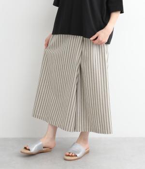 コットンリネン平織ワイドラップパンツ(ストライプ・キナリ×ネイビー-ONESIZE)