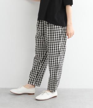 コットンリネン平織テーパードパンツ(ギンガム・キナリ×クロ-ONESIZE)