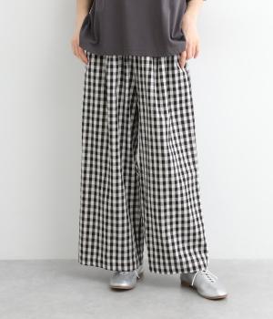 コットンリネン平織ワイドパンツ(ギンガム・キナリ×クロ-ONESIZE)