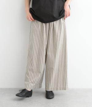 コットンリネン平織ワイドパンツ(ストライプ・キナリ×ネイビー-ONESIZE)