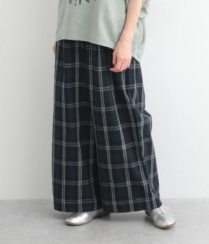 コットンリネン平織ワイドパンツ(チェック・クロ-ONESIZE)