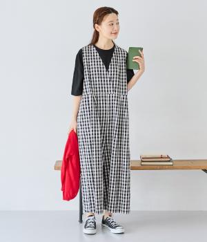 コットンリネン平織サロペットパンツ(ギンガム・キナリ×クロ-ONESIZE)