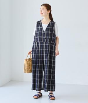 コットンリネン平織サロペットパンツ(チェック・クロ-ONESIZE)