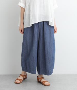 コットンデニム切替えギャザーワイドパンツ(ブルー-ONESIZE)