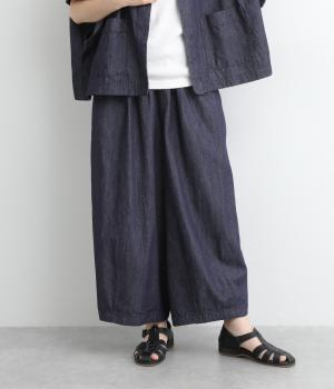 コットンデニム切替えギャザーワイドパンツ(ネイビー-ONESIZE)