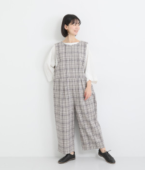 コットンリネン平織　サロペットパンツ(チェックネイビー-ONESIZE)