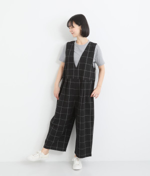 コットンリネン平織　サロペットパンツ(チェッククロ-ONESIZE)